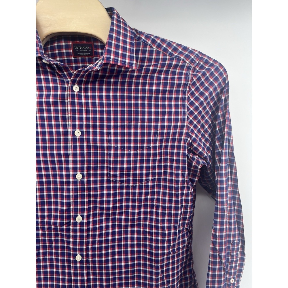 Untuckit Mens Medium Button Front Shirt Red White Blue Plaid Stretch Performance